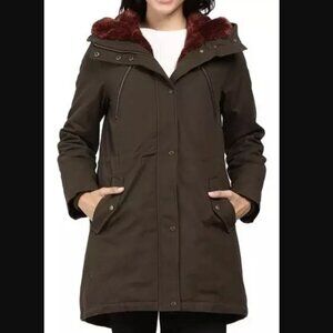 Vince Camuto Olive Contrast Faux Fur Trimmed Hooded Parka Women's Size Small